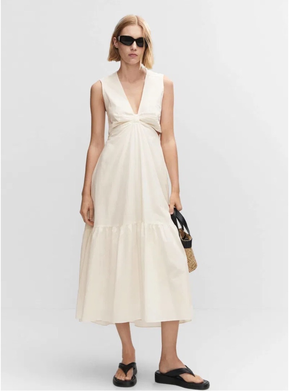 Mango Sleeveless V-Neck Midi Dress in Cream
